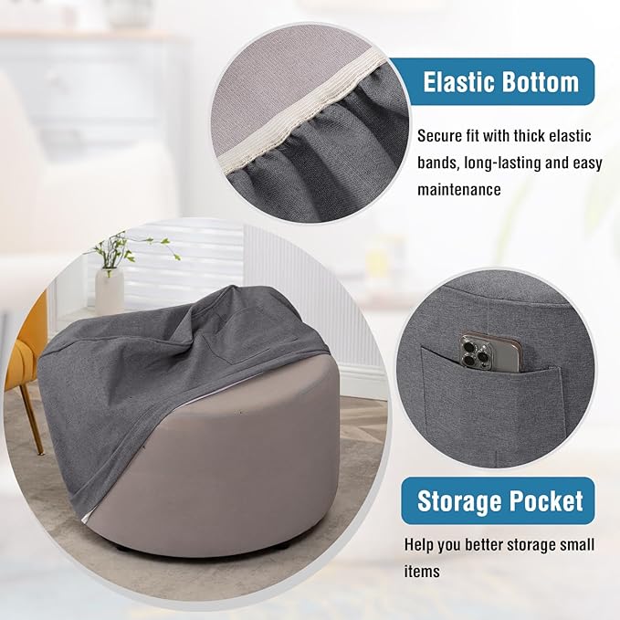 H.VERSAILTEX Round Ottoman Cover Thick Linen Look Ottoman Slipcover Round Ottoman Storage Cover Folding Stool Covers Furniture Protector Cover for Footrest Ottoman Fit Dia 24" - 26", Heather Grey