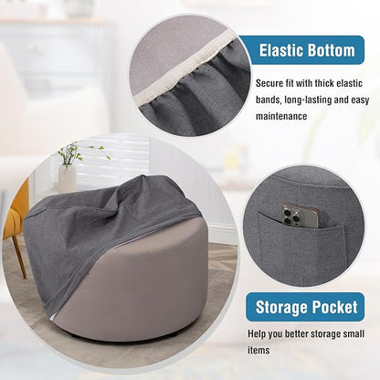 H.VERSAILTEX Round Ottoman Cover Thick Linen Look Ottoman Slipcover Round Ottoman Storage Cover Folding Stool Covers Furniture Protector Cover for Footrest Ottoman Fit Dia 24" - 26", Heather Grey