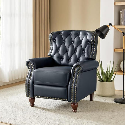 HULALA HOME Genuine Leather Recliner Chair Set of 2 w/Solid Wood Feet, Modern Adjustable Tufted Push Back Arm Chair w/Rivet Decoration, Home Theater Seating Reclining Sofa for Living Room, Navy