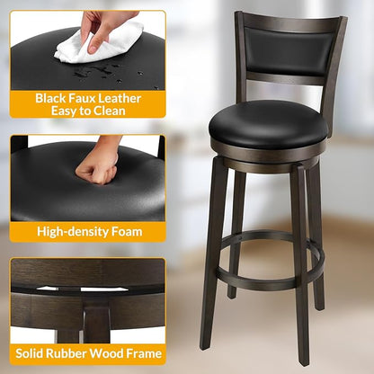 PrimeZone Swivel Bar Stools Set of 6, 34 Inch Extra Tall Bar Height Barstools, Black Faux Leather Bar Stool with High Backrest, Solid Wood Leg, Wrap-Around Footrest, Counter Stools for Pub