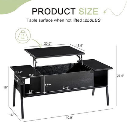 VECELO Wood Lift Top Coffee Table with Hidden Compartment and Storage Shelf for Living Room/Office Reception, Rising Tabletop, Black