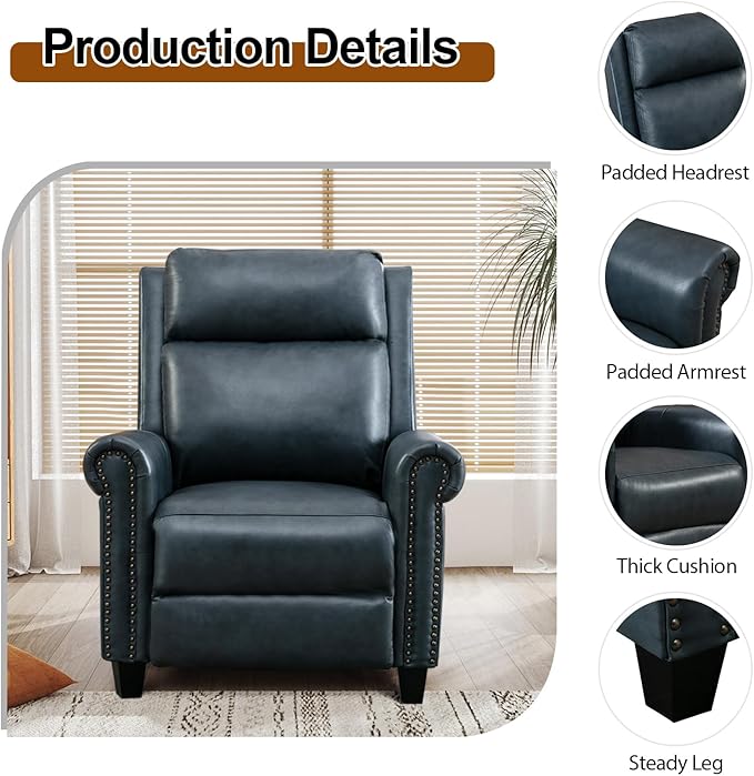 CANMOV Leather Recliner Chair, Classic and Traditional Push Back Recliner Chair with Comfortable Arms and Back for Living Room Bedroom Adjustable Single Sofa, Navy Blue