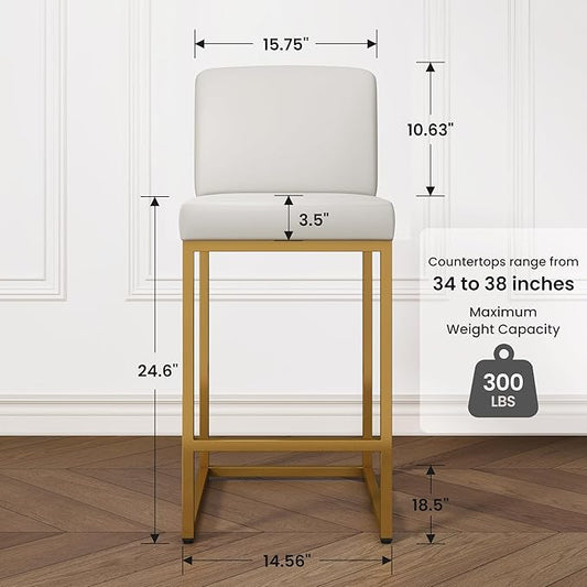 PHI VILLA Bar Stools Set of 2 - Bar Stools with Back Leather Stools for Kitchen Counter, White and Gold Counter Height Bar Stool