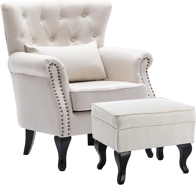 chairus Mid-Century Modern Accent Chair with Ottoman, Comfy Linen Single Sofa Chair Button Tufted Wingback Armchair with Pillow for Living Room/Bedroom/Club - Beige