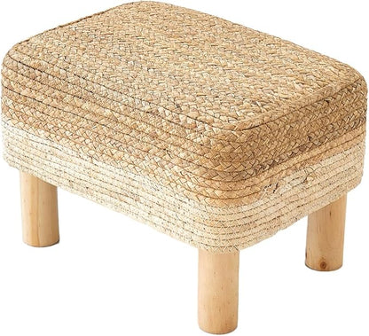 Ottoman Foot Stool Rectangular Footrest Natural Seagrass Footstool with Wooden Legs Hand Weave Multifunctional Modern Dressing Stool, Sofa Side Table for Bedroom for Living Room (White)
