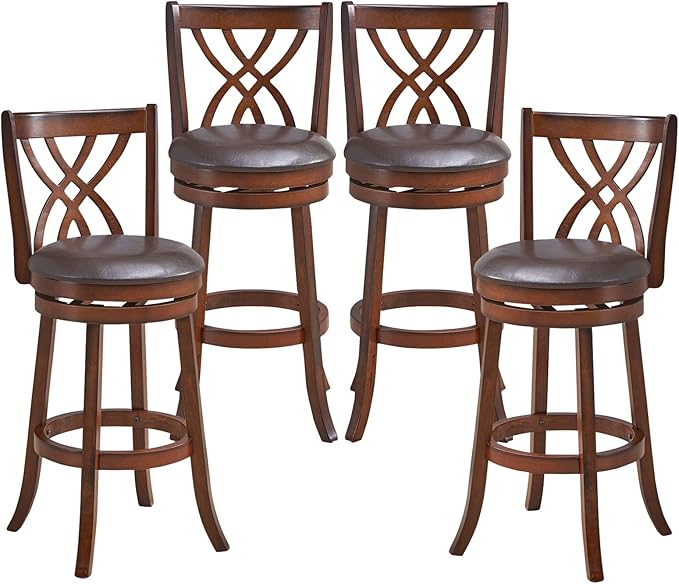 COSTWAY Bar Stools Set of 4, 360° Swivel Chairs with Rubber Wood Frame, 30-Inch PU Leather Cushioned Seat and Footrests, for Kitchen Island, Dining Room, Bar (Brown-30 inches, 4 stools)
