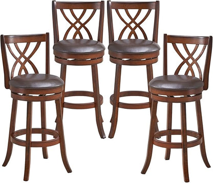 COSTWAY Bar Stools Set of 4, 360° Swivel Chairs with Rubber Wood Frame, 30-Inch PU Leather Cushioned Seat and Footrests, for Kitchen Island, Dining Room, Bar (Brown-30 inches, 4 stools)