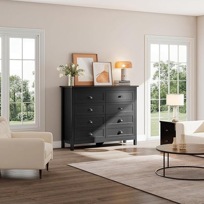 Black Dresser for Bedroom, Farmhouse 8 Drawer Double Dresser with Vintage Antique Handles, Modern Tall Dressers and Chest of Drawers for Bedroom