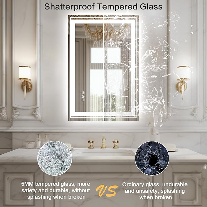 WTTY LED Bathroom Mirror 20"x 28" with Backlit and Front Light,Dimmable LED Mirror for Bathroom,Anti-Fog Lighted Bathroom Vanity Mirror Modern for Wall,Memory Function,Shatter-Proof