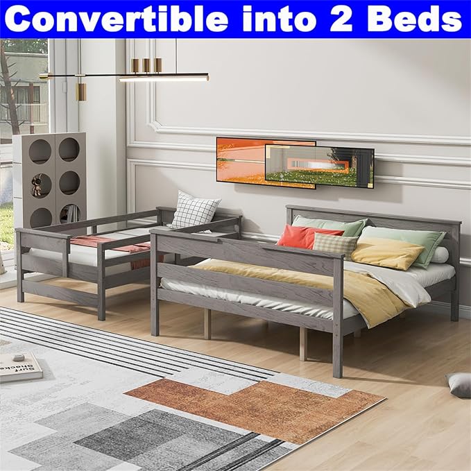 Upgraded Version Thicken Solid Wood Twin XL Over Queen Bunk Bed, Stronger Queen Size Bunk Bed Frame, Convertible into 2 Beds for Adult, Easy to Assemble (Grey,Twin XL Over Queen)