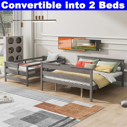 Upgraded Version Thicken Solid Wood Twin XL Over Queen Bunk Bed, Stronger Queen Size Bunk Bed Frame, Convertible into 2 Beds for Adult, Easy to Assemble (Grey,Twin XL Over Queen)