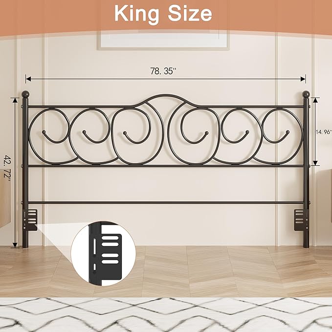 VECELO Metal King Size Headboard, Heavy Duty Curved Headboard Only Height Adjustable, Easy to Assembly, Farmhouse Victorian Style for Bedroom - Black, King