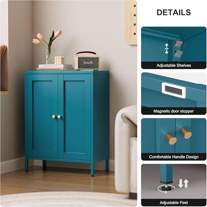 Bathroom Floor Storage Cabinet,Metal Storage Sideboard with 2 Doors and 2 Adjustable Shelves,Modern Small Storage Cabinets, Blue Metal Locker for Entryway,Living Room,Hallway
