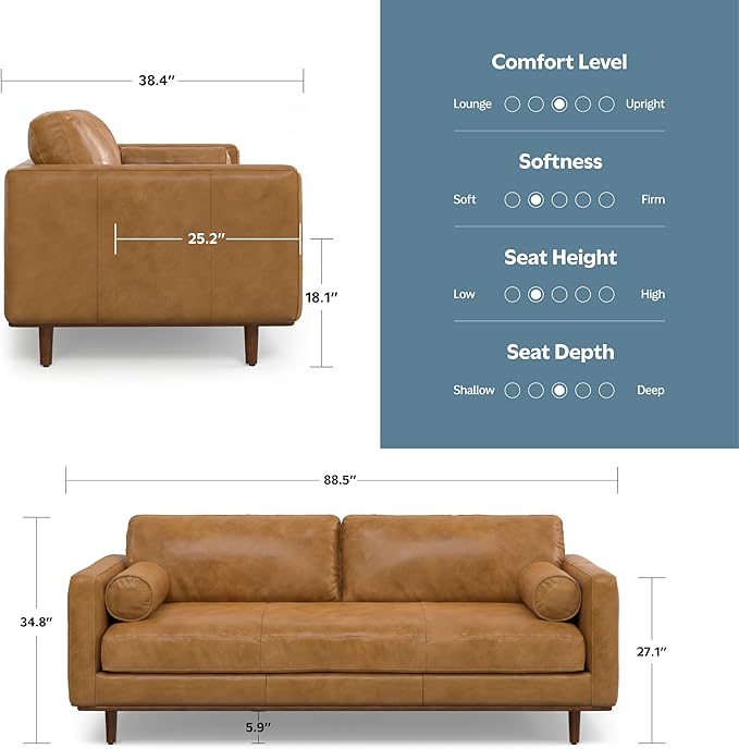 SIMPLIHOME Morrison 89-inch Wide Sofa in Sienna Top Grain Genuine Leather, Mid-Century Modern Design Couch for Living Room, Single Bench Cushion, 2 Back Cushions, 2 Bolster Pillows
