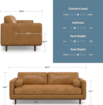SIMPLIHOME Morrison 89-inch Wide Sofa in Sienna Top Grain Genuine Leather, Mid-Century Modern Design Couch for Living Room, Single Bench Cushion, 2 Back Cushions, 2 Bolster Pillows