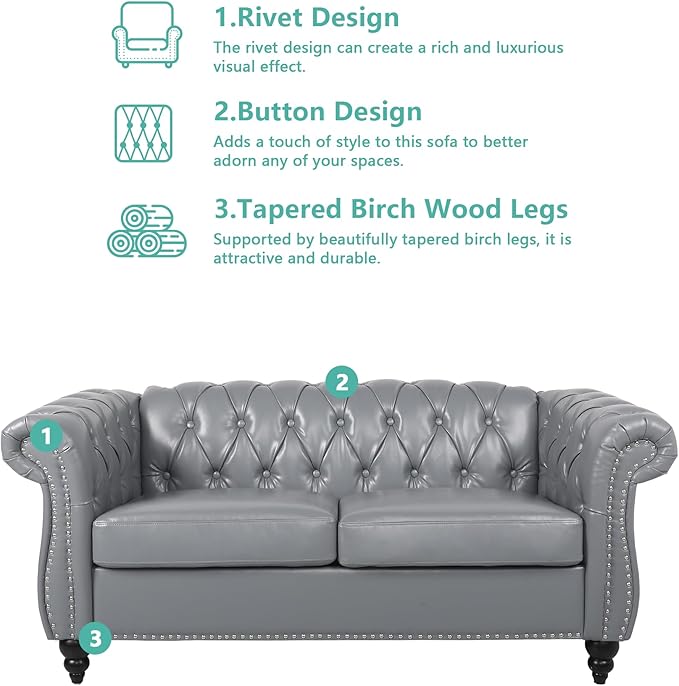 Loveseat Sofa Couch, Modern PU Leather Upholstered Sofa, Oversized Comfy 2 Seater Love Seat Couch with Cushions, Mid Century Tufted Chesterfield Sofa for Living Room, Bedroom, Apartment (Grey)