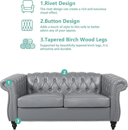 2 Piece Living Room Furniture Set, Faux Leather Loveseat and Chair Set, Mid Century Modern Upholstered Sofa Couch with Cushions, Vintage Comfy Tufted Chesterfield Couches for Bedroom, Office (Grey)