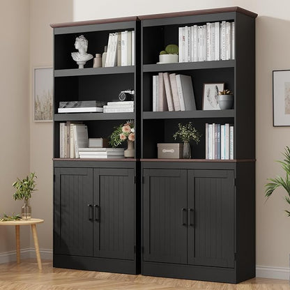 MHOM 71" Tall Bookshelf with Doors, 5 Tiers Farmhouse Bookcase with Adjustable Shelves, Wooden Rustic Display Cabinet for Home Office, Living Room, Black