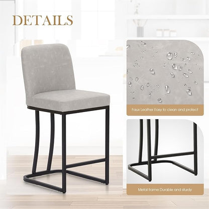 Sophia & William Bar Stools, Counter Height 24" Counter Stools for Kitchen Island, Modern PU Leather Bar Stools with Backrest,Light Grey,1PC