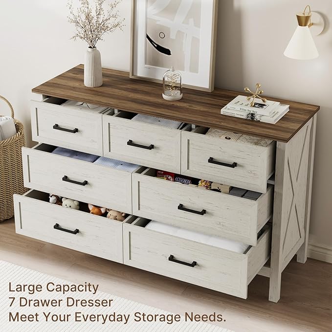 LYNSOM Farmhouse 7 Drawers Dresser for Bedroom, Wood Rustic Wide Chest of Drawers with Deep Drawers, Metal Handle, Storage Dressers Organizer for Entryway, Hallway, Antique White