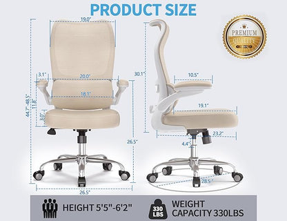 TRALT Ergonomic Office Chair - Desk Chair with Wave High Back Adjustable Lumbar Support Computer Chair - Gaming Chairs Mesh Backrest and PU Leather Seat for Home Reading Chairs to Adults(Beige)