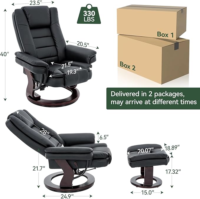 Swivel Recliner Chair with Ottoman, Adjustable PU Leather Recliner with Wood Base, Thick Padded Cushion, Modern Reclining Chair & Ottoman Set for Living Room, Bedroom, Office, Small Spaces (Black)