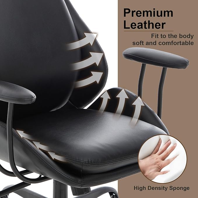 Home Office Desk Chair, PU Casters Ergonomic Computer Chair with Lumbar Support, Adjustable Height, 360°Rolling Swivel Chair, High Back Executive Task, Padded Armrests Chair, Black Leather