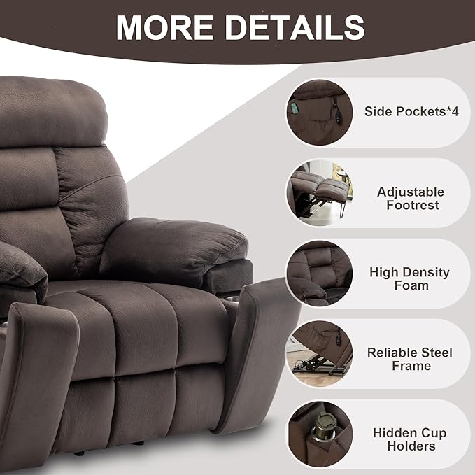 Oversized Lift Recliner Chairs for Elderly, 26in Extra Wide Power Chair with Massaga and Heating, Large Electric Lay Flat Recliners Sofa for Big and Tall Adult Lounging, Velvet Dark Brown