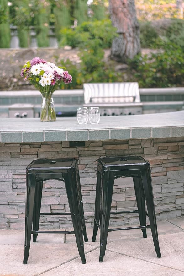 Vogue Furniture Direct 24" Bar Stools Black Backless Metal Barstools Indoor-Outdoor Counter Height Stools with Square Seat, Set of 2 - VF1571001