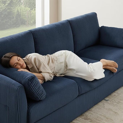 79" L Shaped Couch with Storage Ottoman, 3 Seater Corduroy Sofa with 2 Pillows and Storage Pockets, Small Modern Couches for Living Room, Apartment, Small Spaces, Home Office, Navy Blue