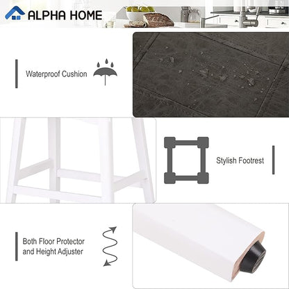ALPHA HOME Bar Stools Set of 2, Solid Wood Saddle Kitchen Stools with Grey PU Leather Cushion Counter Height Barstools with Wooden Base for Kitchen Dining Cafe, 24 Inch, Grey, 2PCS