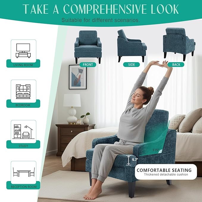 Modern Accent Chair for Bedroom Upholstered Reading Chair with Side Pockets Comfy Living Room Chairs Living Room Armchair for Office, Apartment (Blue Chenille)