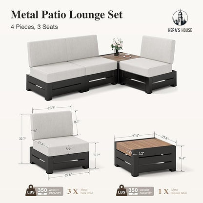 HERA'S HOUSE Patio Furniture Set, 4 Pieces All-Weather Outdoor Sectional Sofa with 28" Coffee Table & 5.9" Thick Waterproof Cushions, Modular Conversation Set for Garden Deck Backyard (Easy Assembly)