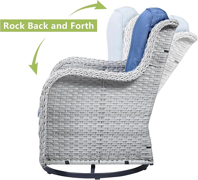 HUMMUH 3-Piece Swivel Rocking Rattan Chair Outdoor,Patio Bistro Furniture Conversation Set,Wicker Chair with Glass Side Table(Light Grey,Blue)