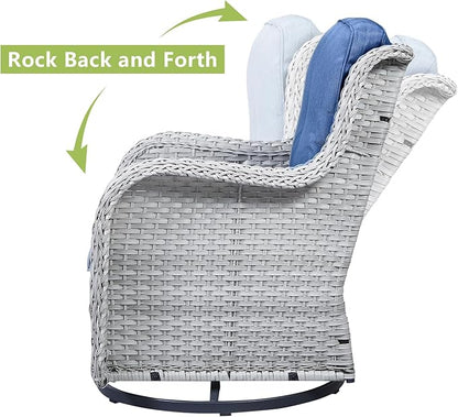 HUMMUH 3-Piece Swivel Rocking Rattan Chair Outdoor,Patio Bistro Furniture Conversation Set,Wicker Chair with Glass Side Table(Light Grey,Blue)