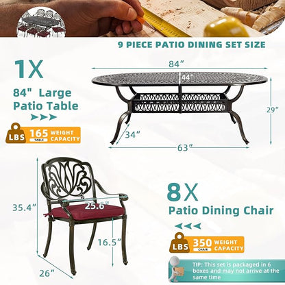 MEETWARM 9-Piece Outdoor Patio Dining Set, 8 Outdoor Dining Cushioned Chairs and 1 Oval Table with 2" Umbrella Hole, All Weather Cast Aluminum Patio Funiture Set for Backyard, Patio, Garden, Chili Red