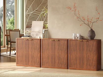 Evermagin 94.5" Walnut Buffet Cabinet with Storage, Large Sideboard Cabinet, Mid Century Modern Accent Credenza, Fluted Console Table with Doors for Dining Room, Kitchen, and Living Room