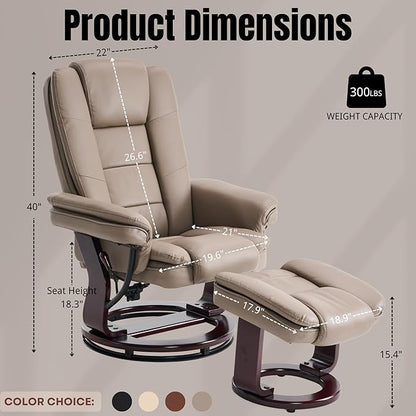 Argus Swivel Recliner with Ottoman, PU Leather & Wood Base Reclining Chair with Footrest, Ultra-Plush Double Foam for Living Room, Bedroom and Office