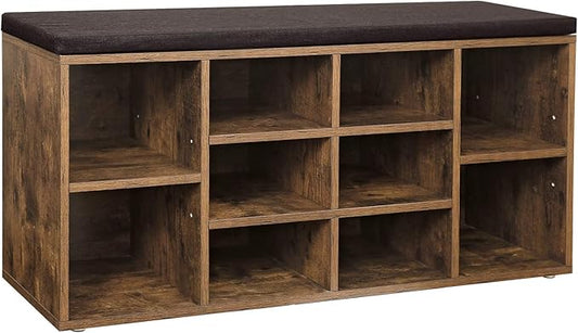 VASAGLE CUSTOS Collection - Shoe Bench, Storage Bench with Padded Seat, Entryway Bench with 10 Compartments, for Bedroom, 11.8 x 40.9 x 18.9 Inches, Rustic Brown and Chestnut Brown ULHS010X01