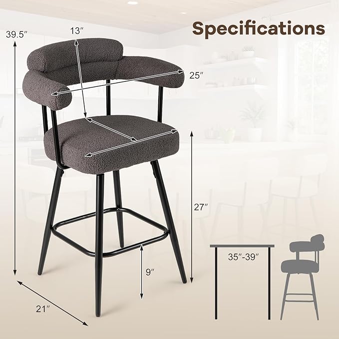 COSTWAY Counter Height Bar Stools Set of 4, 27" Swivel Modern Upholstered Counter Chairs with Boucle Fabric, Curved Backrests & Metal Legs, for Kitchen Island, Home, Pub (4, Grey + Black)