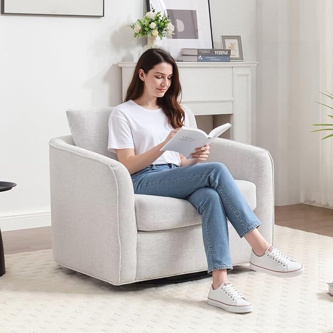 MINCETA Oversized Accent Chair for Living Room, 360° Swivel Barrel Chair with High Density Foam, Modern Reading Chair with Performance Fabric Upholstered Armchair for Apartment, Bedroom White