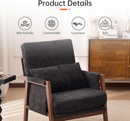 Accent Chair Mid-Century Modern with Lumbar Support Pillow, Upholstered Living Room Chairs with Wooden, Chenille Armchair with Cushion, Anthropologie Side Chair for Bedroom, Black