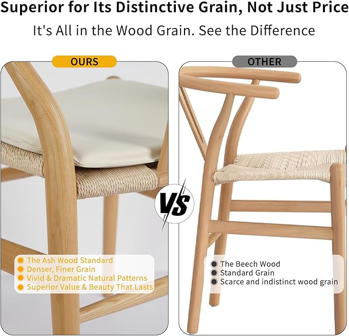 Tomile Wishbone Dining Chair with Arms, Modern Wood Chair Featuring a White PU Cushion on Woven Hemp Seat, Sturdy Wood and Y-Shaped Backrest, Fully Assembled for Kitchen & Dining (Ash Wood - Natural)