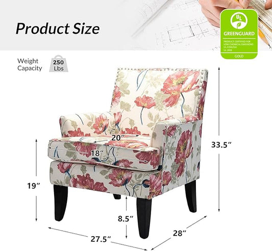 HULALA HOME Modern Accent Chair with Arms and Wooden Legs, Mid Century Accent Chair Armchair High Back Rest, Padded Armrest and Comfortable Cushioned Seat for Living Room (Red Yellow Floral)