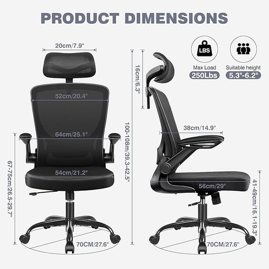 Ergonomic Office Chair, High Back Mesh Desk Chair with Lumbar Support, Flip-up Armrests, Adjustable Headrest, Computer Gaming Chairs for Long Hours, Black