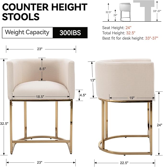 Contemporary Cream Linen Bar Stools Set of 4, 24" Upholstered Fabric Counter Height Barstools Kitchen Counter Island Stools with Golden Metal Base