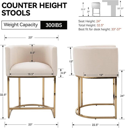 Contemporary Cream Linen Bar Stools Set of 4, 24" Upholstered Fabric Counter Height Barstools Kitchen Counter Island Stools with Golden Metal Base