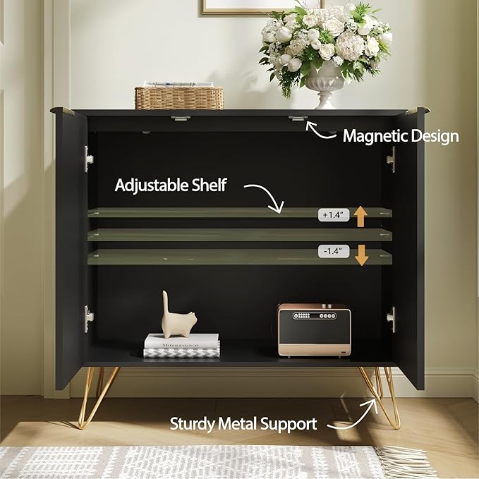 Fluted Storage Cabinet, 2 Doors Sideboard Buffet Cabinet, Modern Wood Accent Table with Adjustable Shelves, Console Table for Living Room, Hallway, Entryway, Black