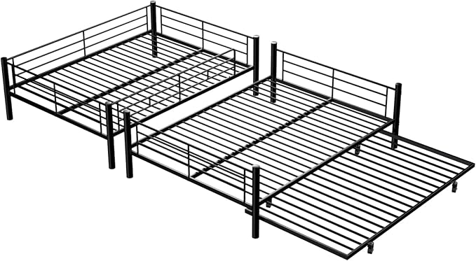 Full Over Full Bunk Bed with Trundle, Heavy Duty Metal Bed Frame with Full-Length Guardrails & Ladder, 3-in-1 Convertible Full Bunk Bed, Noise-Free, No Box Spring Needed, Black