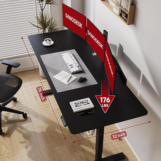 SANODESK Electric Standing Desk 79x32 Inch Height Adjustable Stand Up Desk Home Office Computer Workstation Sit Stand Home Office Desk with Splice Board (Black Frame + Black Top)
